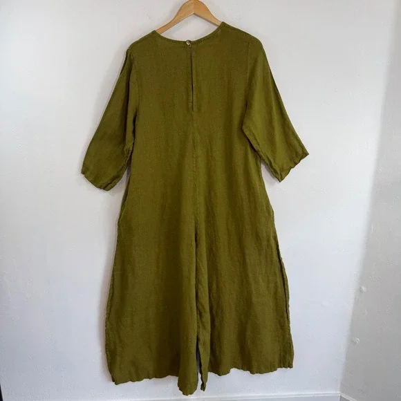 Puro Lino Italian Linen Wide Leg Jumpsuit Olive Green M Relaxed Lagenlook - Picture 8 of 15